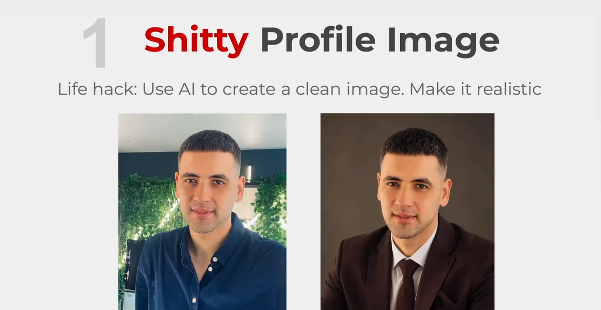 Slide: use AI to create a clean image. On the left a casual iPhone photo, on the right the same man in a suit on a plain background