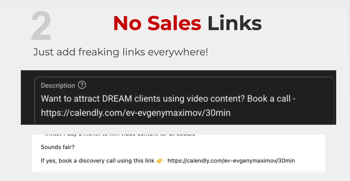 Slide: just add freaking links everywhere, with a YouTube description starting with a booking link