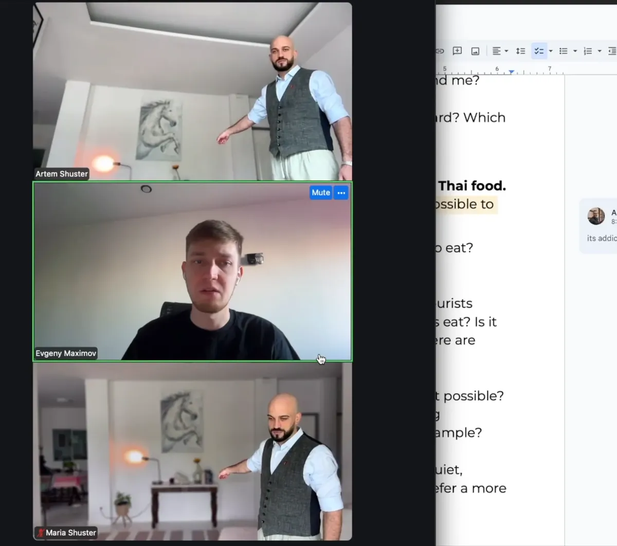 A remote filming session on Zoom: two clients recording in their apartment while Evgeny guides them, the script open in a Google Doc