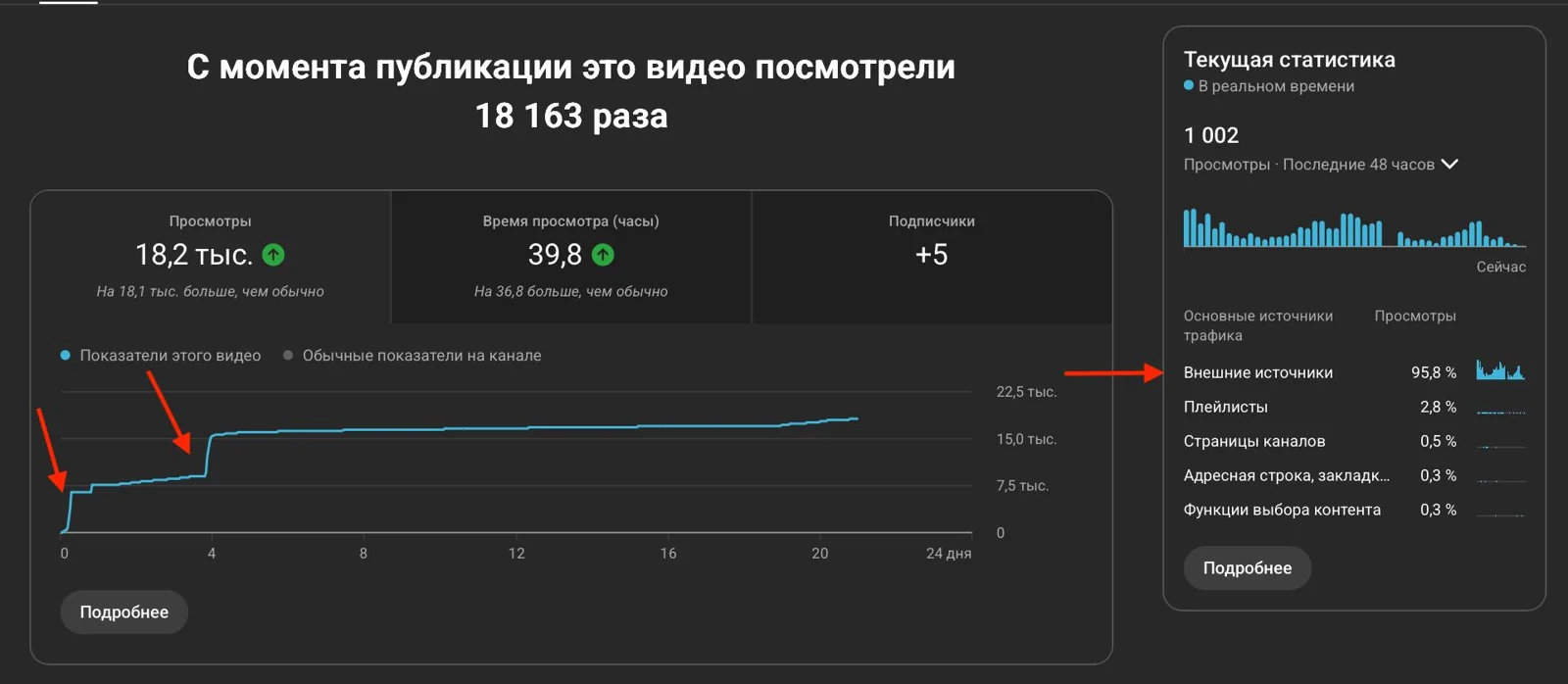 YouTube Studio: a long video with 18,163 views, only 39.8 hours of watch time, views jumping in two steps, and 95.8% of traffic from external sources